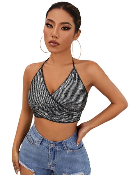 

wrap detail metallic halter t3rl#, White