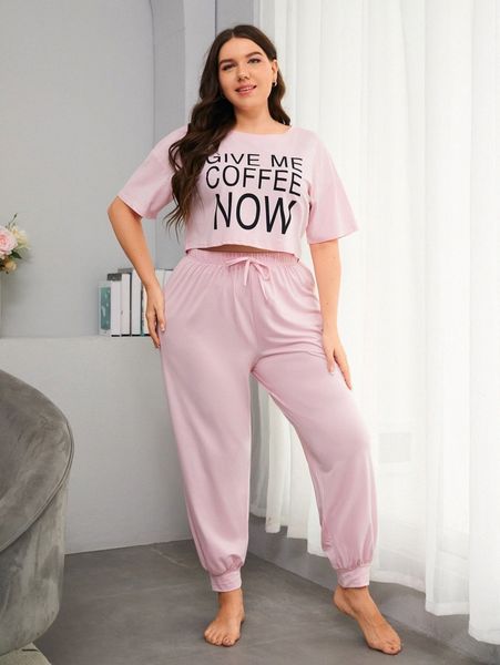 

plus letter graphic tee & pants pj set u33c#, Black;white
