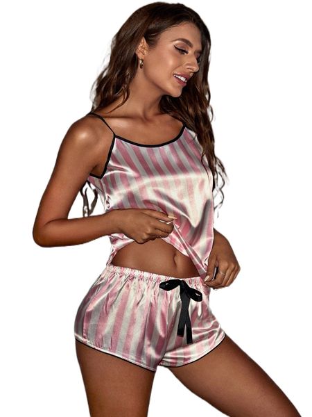 

striped print bow front satin night set m6bk#, Black;red