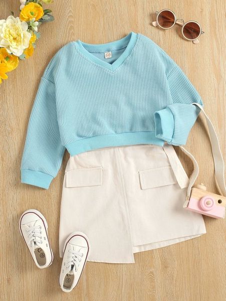 

toddler girls drop shoulder sweatshirt & flap detail asymmetrical hem skirt she, White