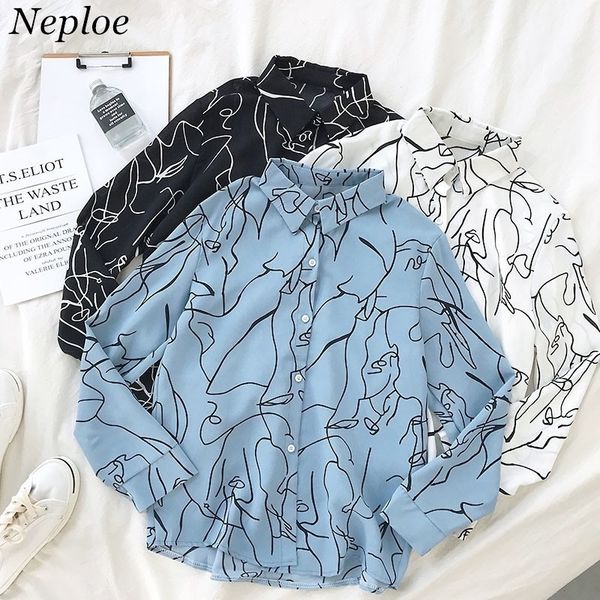 

neploe abstraction print single breasted women blouse casual vintage sweet female autumn fashion loose blusa 69196 y200402, White