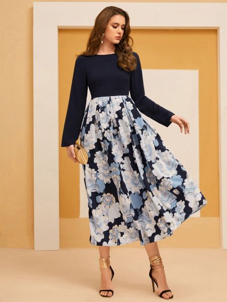 

floral print round neck dress 74oz#, Black;gray