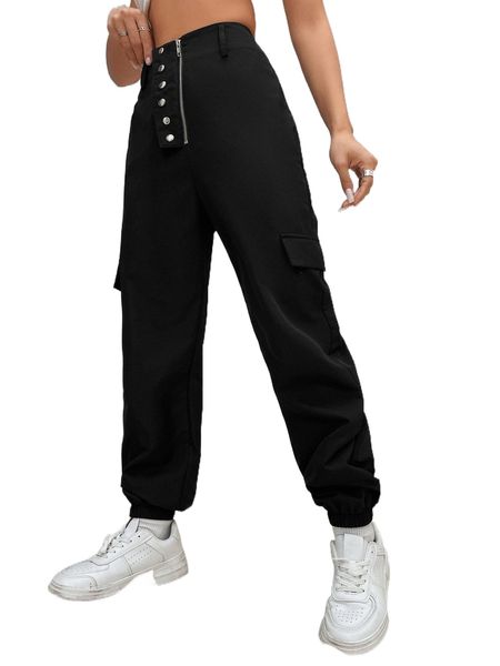

zip fly flap detail cargo pants t80i#, Black;white