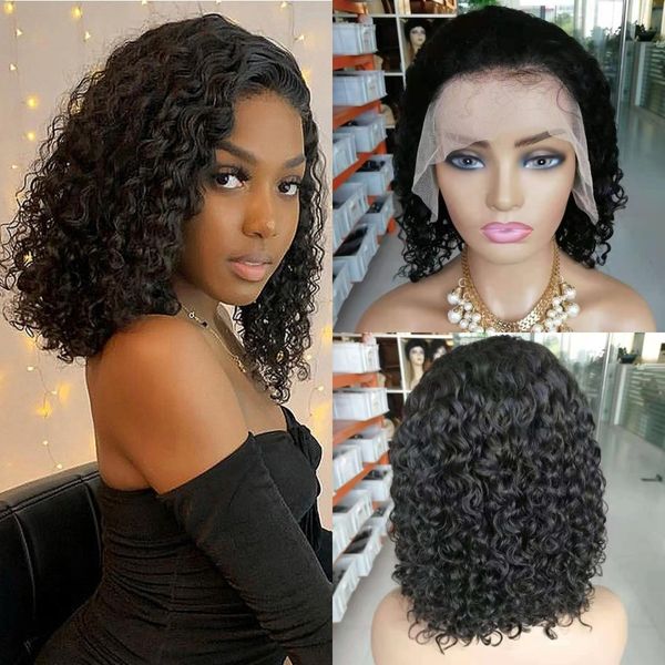 

13x4 lace front bob wigs for women water wave short cambodian human hair wig with baby hair natural hairline, Black;brown