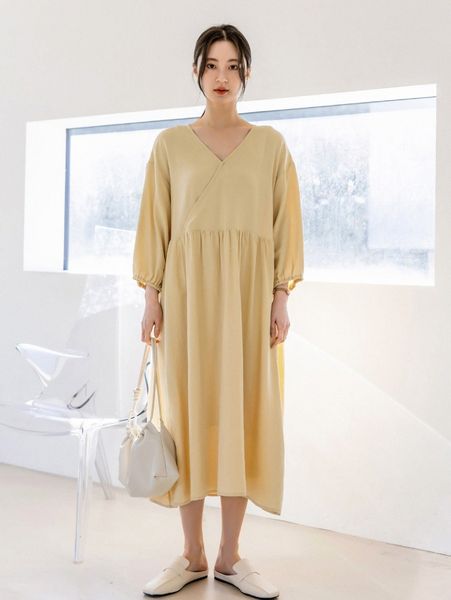 

dazy-less surplice neck lantern sleeve smock dress 63fn#, Black;gray