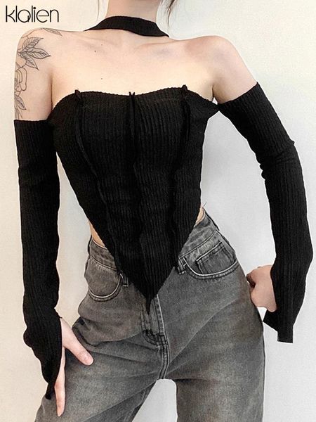 T-shirt allacciata alla spalla con spalle scoperte sexy casual moda per donna autunno Streetwear Stretch Wild Basic Top Slim Y2k
