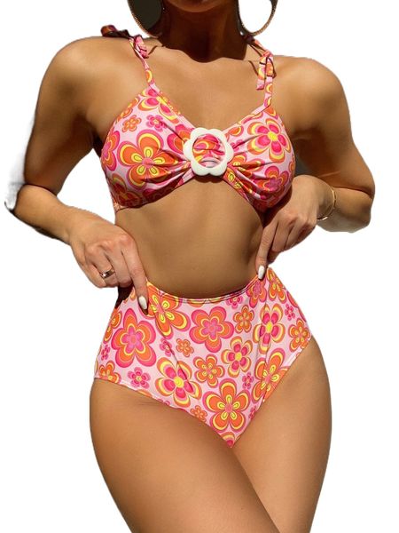

floral knot shoulder high waisted bikini swimsuit 28cm#, White;black