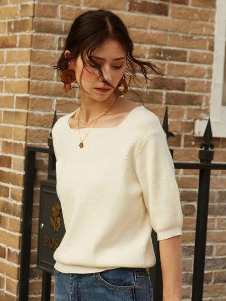

knit mix rib knit square neck knit n93z#, White;black