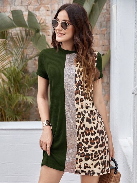 

contrast sequin and leopard panel tee dress 98k1#, Black;gray