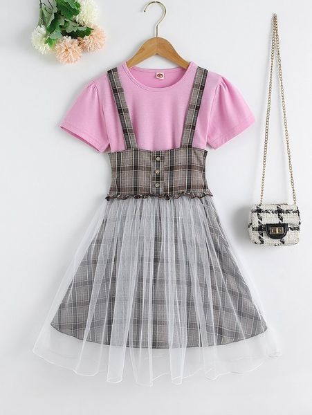 

girls' plaid mesh stitched back pleated strap skirt with t-shirt she, White