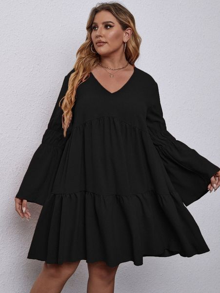 

plus solid flared sleeve dress z7xj#, Black