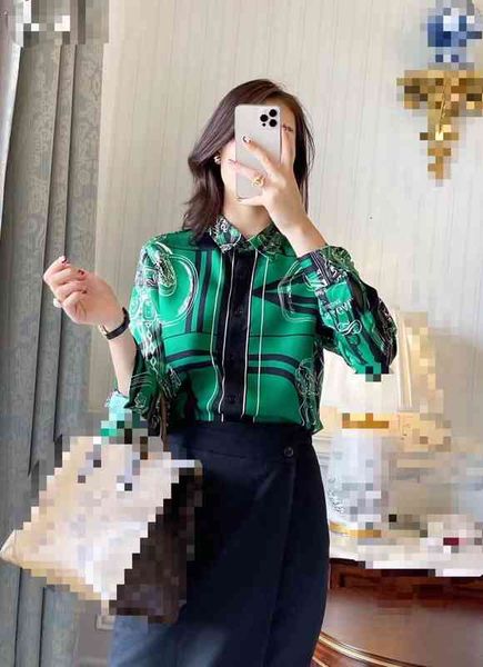 

women's polos h home high-end abstract art printed stand collar ribbon shirt women's long sleeve wide pine mulberry silk shirt, White