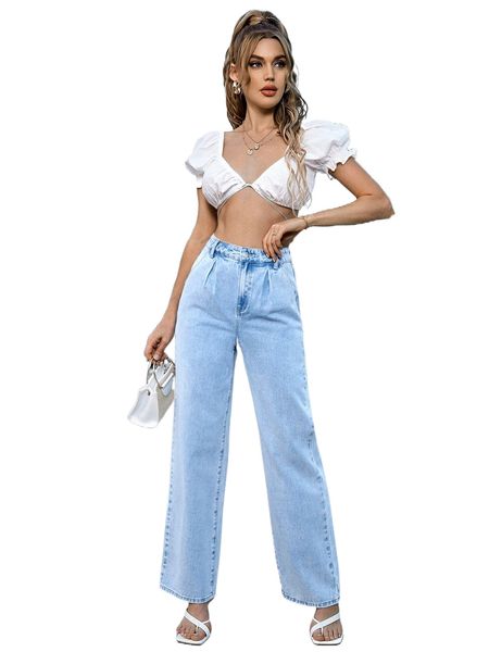 

fold pleated straight leg jeans w0ca#, Blue