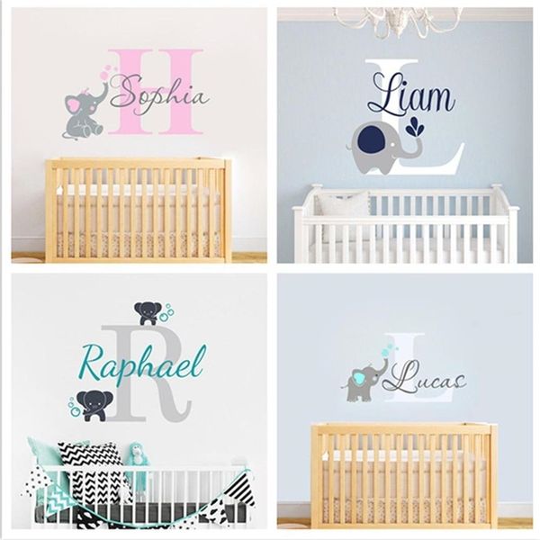 Benutzerdefinierte personalisierte Namen Aufkleber Wandtattoos Baby Schlafzimmer Elefant Vinyl Deorl Kind Jungen Mädchen Zimmer Name Kinderzimmer Dekoration XY001 220613