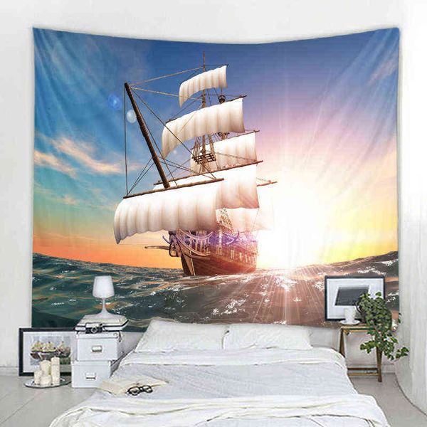 Home Decor Tappeto da parete Barca a vela Paesaggio marino Arazzo Mandala Boho Hippie Tappeti Dream Pirate Ship J220804