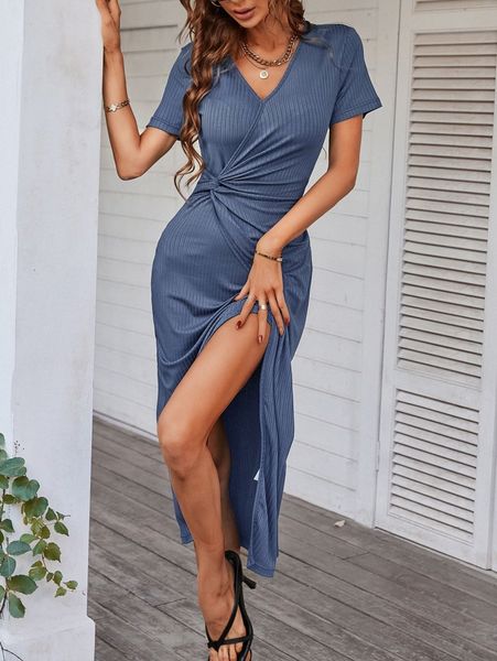 

ribbed knit twist wrap hem dress h7ux#, Black;gray