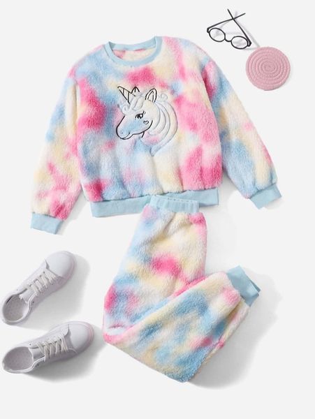 

girls tie dye unicorn embroidery teddy sweatshirt & pants she, White