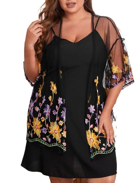 

plus open front embroidery mesh kimono z8s8#, Black;gray