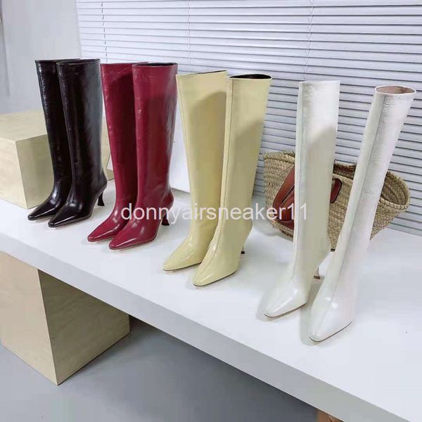 

boots high end autumn and winter leather high-heeled knight boots, one pedal pointed thin heel knee length boots, Black