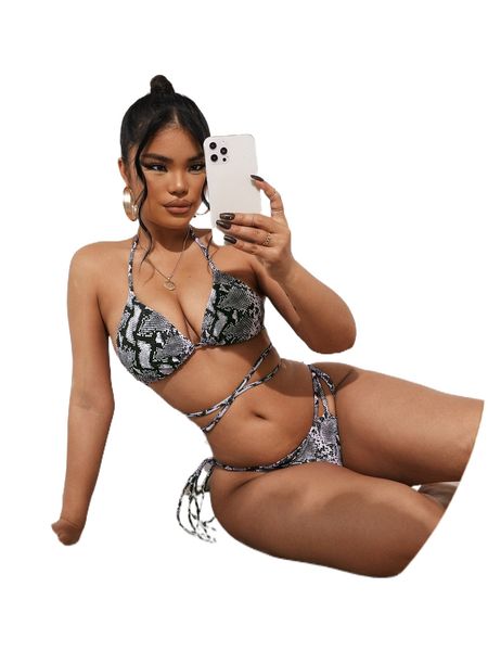 

snakeskin lace up halter triangle bikini swimsuit z8hn#, White;black