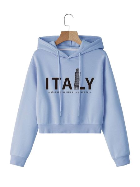 

slogan graphic drawstring crop hoodie n04c#, Black