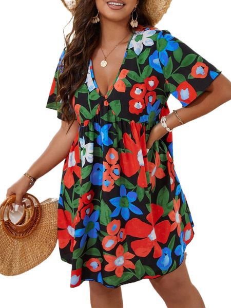

plus floral print butterfly sleeve dress m9dx#, Black