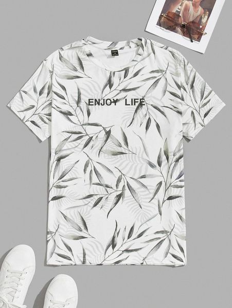 

men slogan and leaf print f79h#, White;black