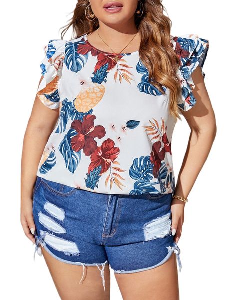 

plus tropical print butterfly sleeve blouse o5wq#, Black