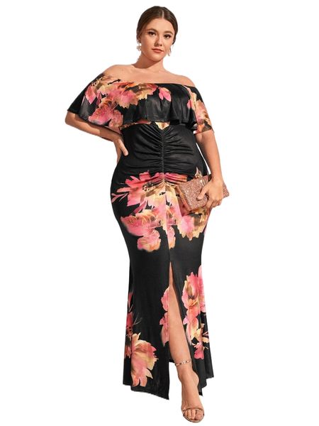 

plus floral print off shoulder ruffle trim ruched slit front dress g68h#, Black