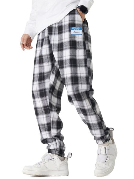 

men plaid patched detail slant pocket pants v5wk#, Black