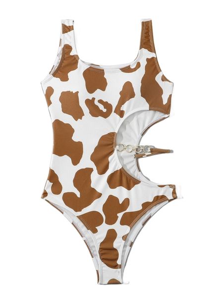 

cow print rib cut-out one piece swimsuit x1ru#, White;black