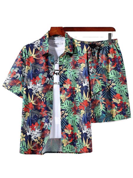 

men random tropical print shirt & drawstring waist shorts without tee l4jk#, Gray