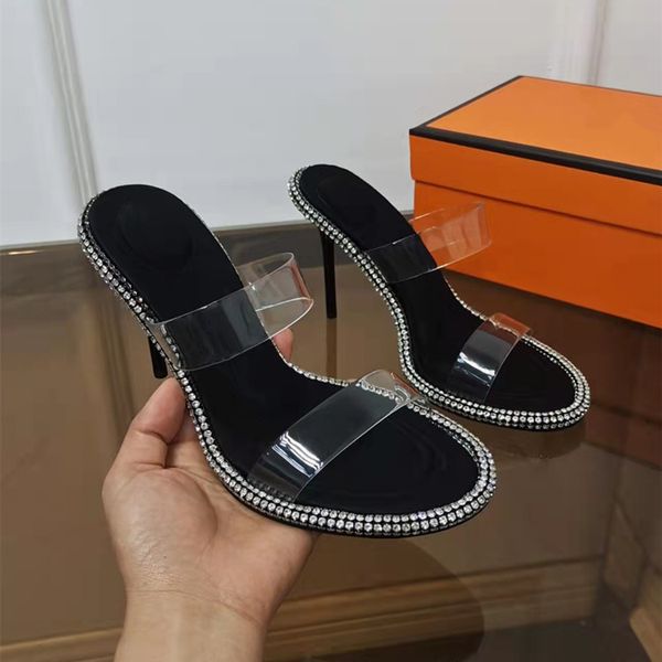 

luxury brand women's crystal-embellished nova slippers mules ladies pvc slides high heel sandals black embellished party shoes sandals
