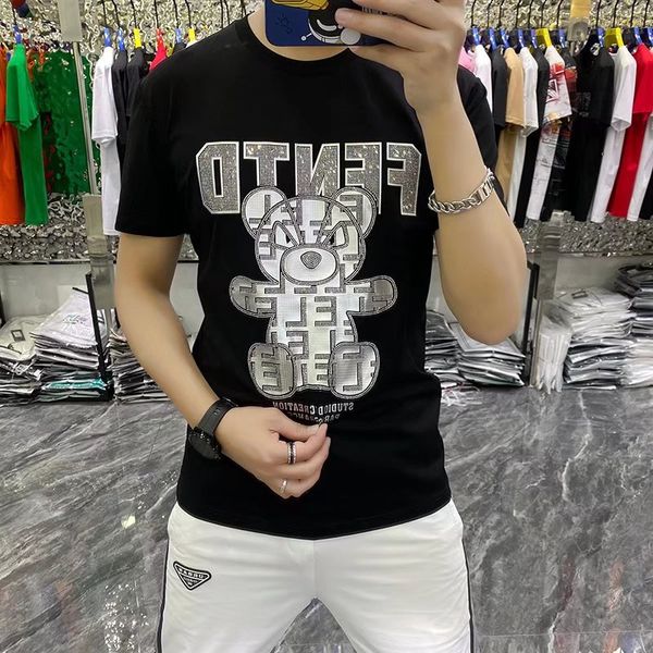 

summer new men's short sleeve ins trend high-end round neck drill t-shirt versatile m--5xl, White;black