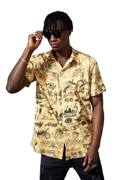 

men random allover phoenix print button through shirt w0ub#, White;black