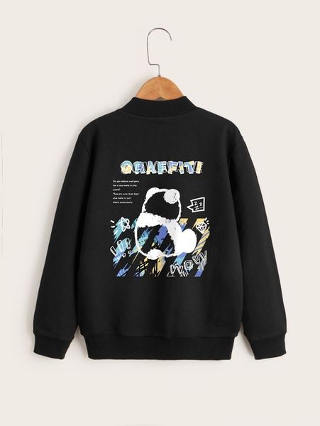 

toddler boys cartoon bear & slogan print zip front bomber jacket she01, Blue;gray