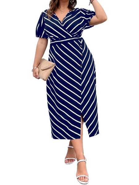 

plus striped print button front wrap dress v7nv#, Black