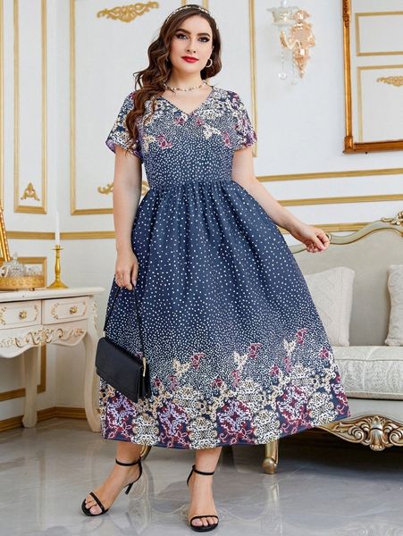 

plus dalmatian & floral print dress n1gy#, Black