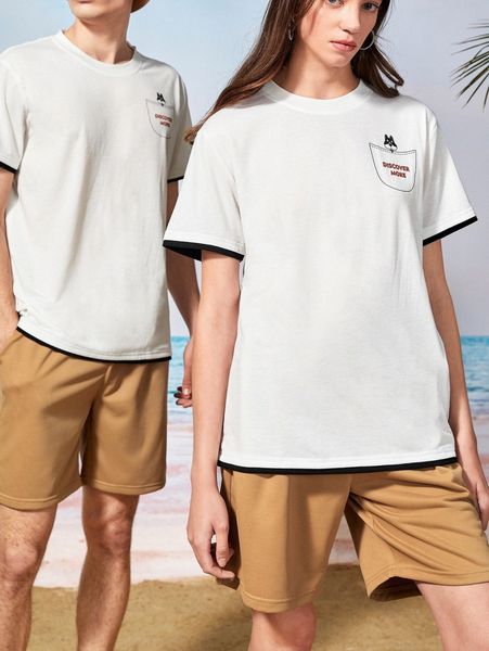 

1pc letter & dog print contrast trim tee 235i#, White;black