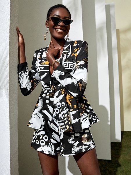 

x sylvia mollie allover print deep v neck blazer f6tv#, White