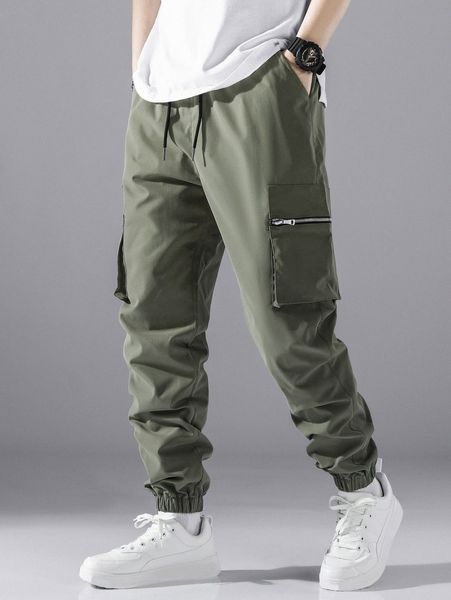 

men drawstring waist cargo pants x9hj#, Black