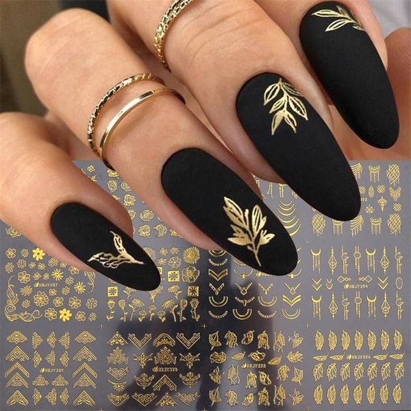 

12pcs stickers gold flower leaf lace design geometry line nail art sliders manicure polish decal wrap decorations wholesale 220711, Black