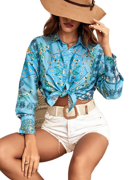 

floral print button front blouse x4xx#, White