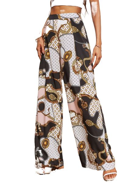 

chain print high waist wide leg pants h1yf#, Black;white