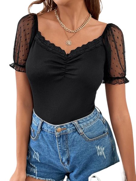 

c.ontrast dobby .esh s.weetheart neck l.ace trim ruched tee l6iq#, White