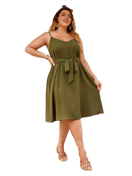 

plus solid belted cami dress 40no#, Black