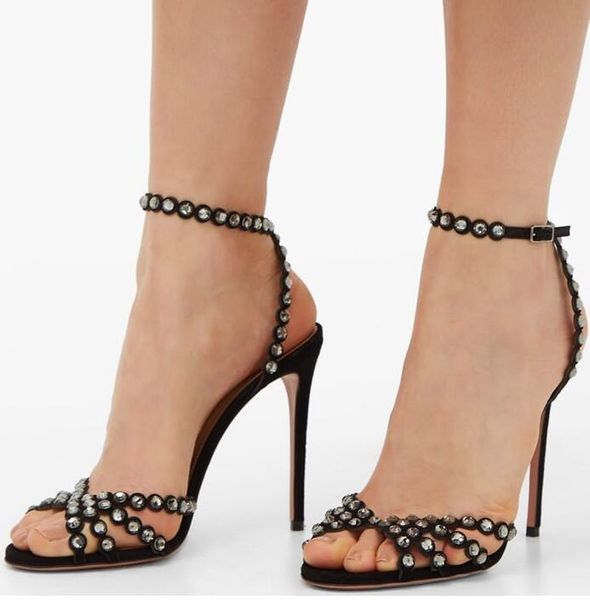 

women gladiator sandals shoes strappy design black tequila crystal-embellished suede sandals crystal embellishments bridal wedding party lad
