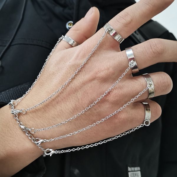 Punk geometrica colore argento catena braccialetto da polso per le donne uomini anello di fascino set coppia emo gioielli di moda regali Pulsera Mujer 220719