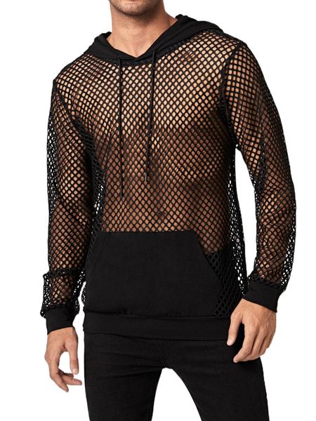 

men fishnet insert drawstring hoodie z8ds#, Black