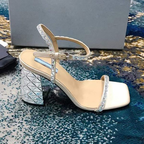 

crystal coarse square head high-heeled sandals women's straight shoulder strap satin thick heel roman open toe women's shoes desig, Black